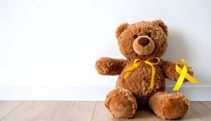 Obraz premium Soft Teddy Bear with Yellow Ribbon Representing Care, Hope, and Childhood Cancer Awareness