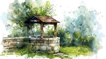 flat watercolor illustration old stone well