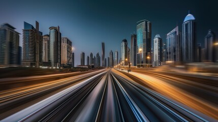 Fototapeta premium Modern City Skyline with Tall Skyscrapers at Night with Light Trails