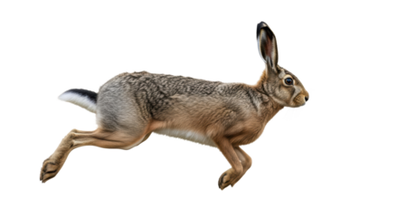 detailed photorealistic studio shot of an athletic brown hare leaping horizontally mid-air, its ultra-detailed mottled brown fur and black-tipped ears isolated against a stark white void,