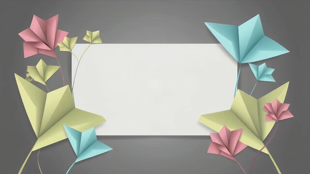 Decorative folded paper flowers in gentle pastel colors elegantly border a blank white space