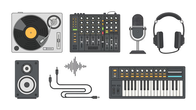 Professional Music Production Studio Equipment Vector Illustration Set Including Turntable Audio Mixer Microphone Headphones Speaker Synthesizer and Sound Wave