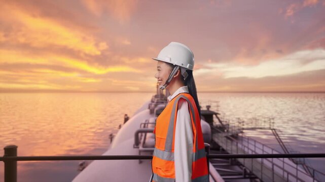 Side View of Asian Female Engineer Walking at the Deck of a Large LNG Tanker or Offshore Energy Platform at Sunset