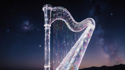 Luminous glass harp instrument under a cosmic night sky.