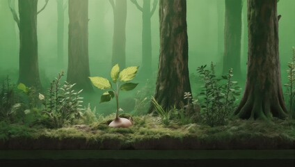 Lush Forest Scene with Young Plant and Sunlight.