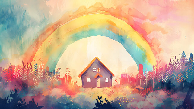 flat watercolor illustration rainbow behind house