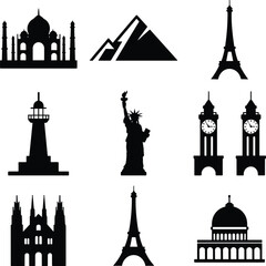 Obraz premium world landmarks, famous monuments, global travel icons, architecture silhouettes, international tourism symbols, black white vector illustration set