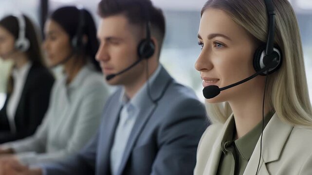 Customer service representatives wearing headsets working in an office setting.