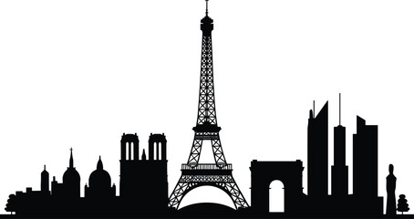 Obraz premium Paris city skyline silhouette vector illustration with Eiffel Tower, Notre Dame Cathedral, Arc de Triomphe and modern skyscrapers