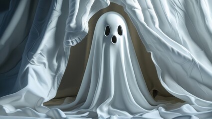 A shy ghost peeks from under a white sheet in this whimsical 3D illustration, perfect for Halloween or fantasy themes.