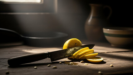 Warm sunlight illuminates a sharp knife cutting fresh lemon slices on a rustic wooden board, emphasizing zest and refreshing culinary preparation in a cozy kitchen