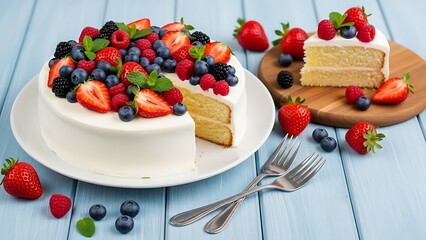 Delicious white cake with fresh berries and fruits on top