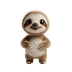Obraz premium A diminutive, ultra-fluffy baby three-toed sloth character with large, expressive eyes, standing anthropomorphically with a wide, innocent smile, highlighted by subtle rim light on a transparent