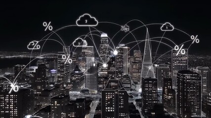 Nighttime digital cityscape overlayed with glowing financial and cloud computing symbols. - Powered by Adobe