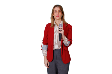 Woman presenter holding microphone speaking to audience delivering public speech or reporting news, transparent background