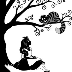 Alice meets the cheshire cat under a stylized silhouetted tree