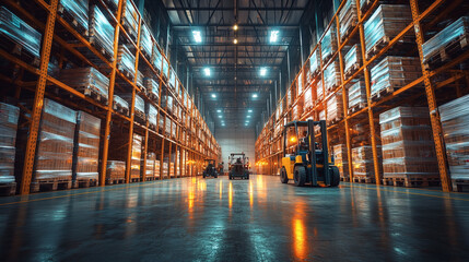 Modern Warehouse Interior with Forklifts and Stacked Pallets