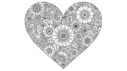 Detailed botanical heart line drawing with various wildflowers and leaves for creative coloring hobby