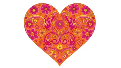 Retro sixties psychedelic heart design with vibrant pink flowers and orange swirl vintage ornaments