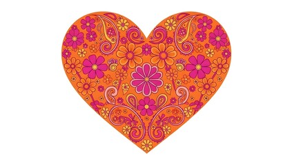 Vibrant paisley heart illustration with orange, pink, and yellow floral patterns