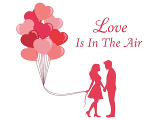 Romantic silhouette of a loving couple with a festive cluster of heart balloons