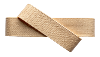 Two beige, woven straps, partially overlapping, lie against a black background