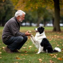 Elderly man playing with black and white dog in autumn park  