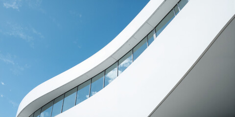 Modern Curved Architecture Building Exterior Blue Sky White Facade Detail A close-up low-angle shot focusing on the sleek, curved white
