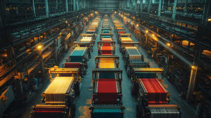 Industrial Textile Factory with Vibrant Rolls of Fabric Arranged Neatly