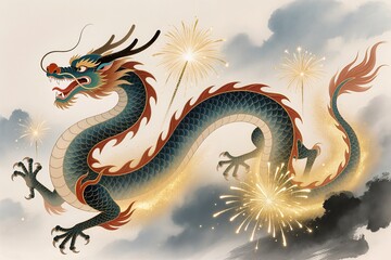 Fototapeta premium Dragon dance celebrating Lunar New Year with fireworks, Chinese ink wash style blended with modern luxury art, expressive black ink splashes, shimmering gold fireworks in the sky