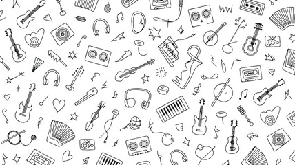 Sketchy doodle seamless background pattern with hand drawn musical instruments and sound symbols objects