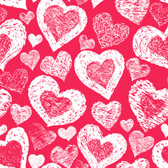 Hand Drawn Hearts Seamless Pattern. Red and White Distressed Vector Background with Worn Texture.