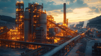 Industrial Complex at Dusk with Glowing Machinery and Smokestacks