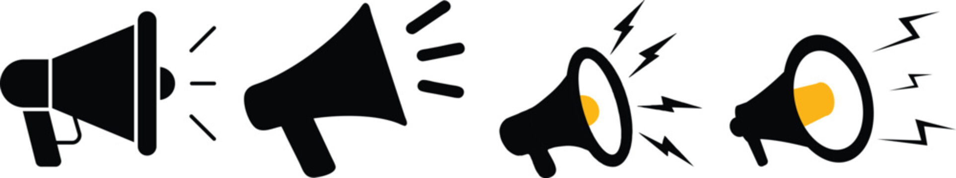 Mega Phone Icon set. Speaker symbol representing announcement. Flat vector illustration of a loudspeaker used for advertising, marketing, business promotion, public announcements, and warnings.