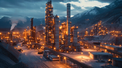 Industrial Complex at Dusk with Lighting and Mountain Background