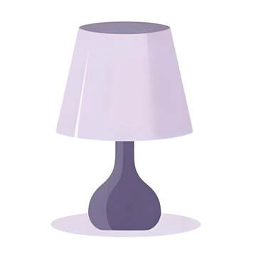 A simple table lamp with a white shade and purple base on a flat surface viewed from the side