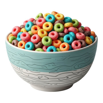 Colorful cereal rings in a decorative bowl isolated on transparent background