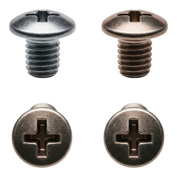 Four metal screws with crossshaped slots on a transparent background