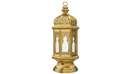 Elegant gold lantern with ornate details and hanging loop isolated on transparent background