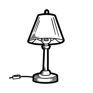 Hand Drawn Table Lamp Sketch Doodle. Black and White Outline Illustration of Desk Light Fixture.