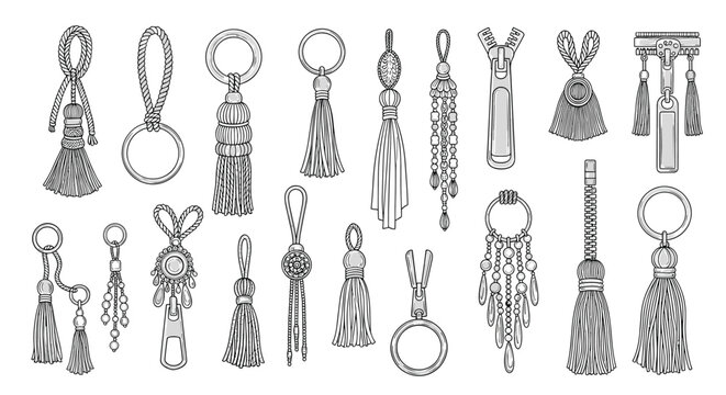 Detailed set of hand drawn sketches for decorative tassels keychains and unique zipper pulls with intricate patterns beadwork and ornate designs.