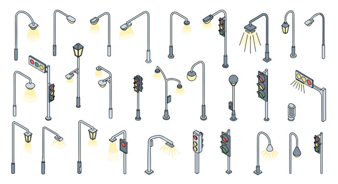 Isometric icons of various street lighting fixtures traffic lights and road signals used for urban infrastructure and city planning design projects.