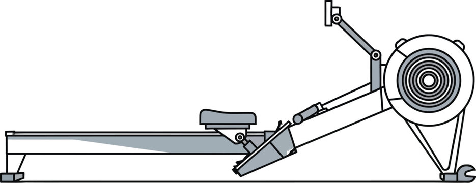 Side profile illustration of a modern rowing machine featuring a seat rail and a large flywheel mechanism for intense cardiovascular workouts
