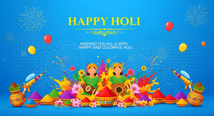 Fototapeta premium Happy Holi Festival Background with Colorful Powder Splashes and Traditional Gulal Bowls, Indian Festival of Colors Celebration Vector Illustration