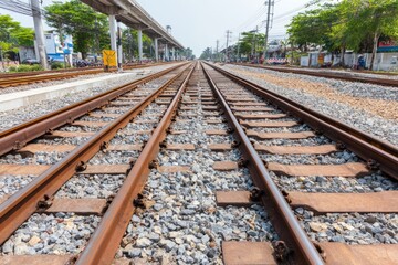 Fototapeta premium Captivating Perspective of Railway Tracks Prior to Train Arrival Moment