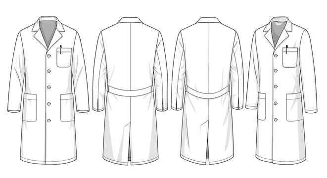 Technical drawing templates of a professional white lab coat from front back and side views showing various pocket and button detail placements.