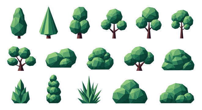 Set of low poly 3d geometric tree and bush models in various shades of green perfect for minimalist environmental design and game backgrounds.