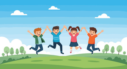 Fototapeta premium Group of cheerful young children jumping for joy on a lush green hilltop against a bright blue sky with fluffy white clouds.