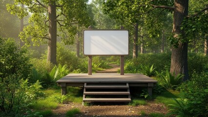 Blank sign on a rustic wooden platform in a sunlit forest clearing