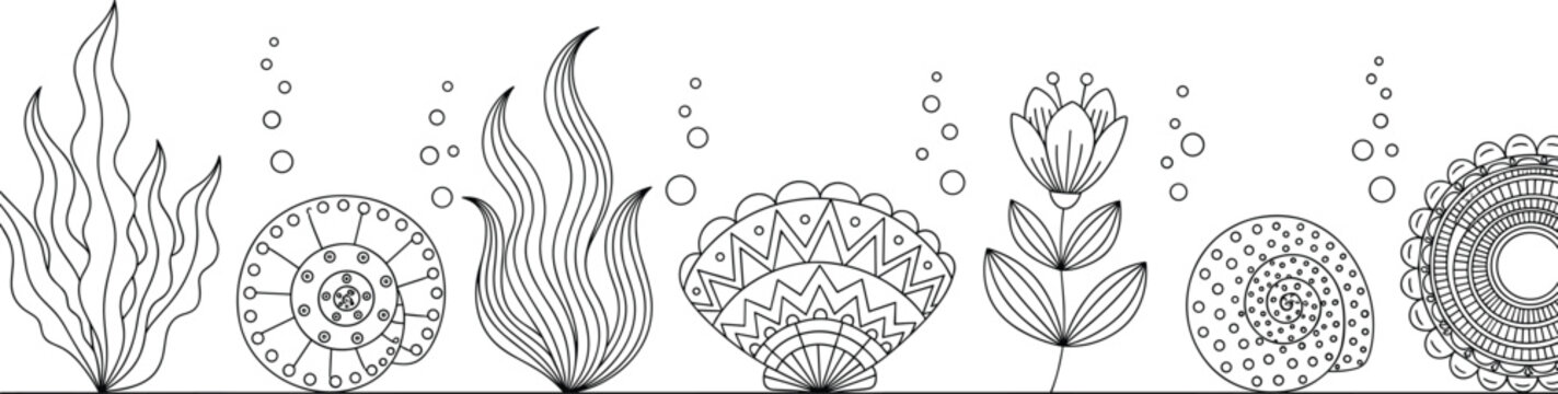 Hand drawn underwater doodle vector border with sea plants, shells, bubbles, and ocean decorative elements illustration